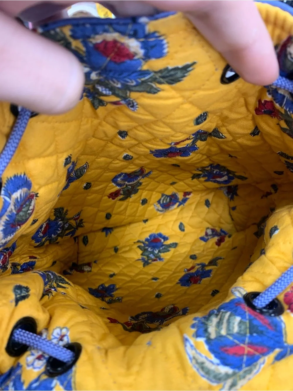 Vera Bradley Blue Quilted Drawstring Backpack with Red Floral Border